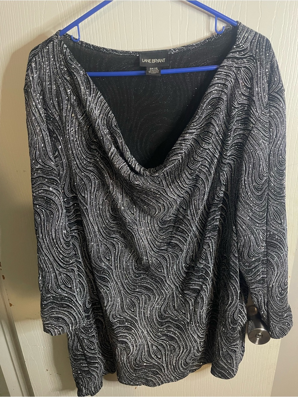 Lane Bryant Black Silver Metallic Swirl Cowl Neck Long Sleeve Top